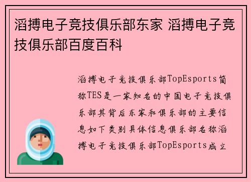 滔搏电子竞技俱乐部东家 滔搏电子竞技俱乐部百度百科